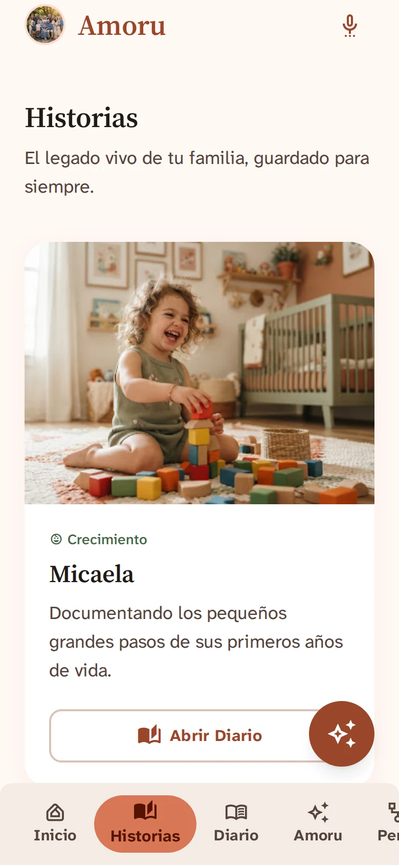 Pantalla de Historias de Amoru con la historia de Micaela